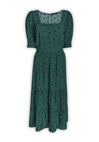 Grün gepunktetes Midikleid mit Puffärmeln, quadratischem Ausschnitt, elastischen Bündchen und schichtweisem Rüschensaum. Aus leichtem Stoff gefertigt.