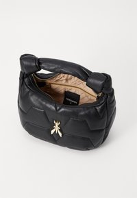 Black leather handbag with a quilted chevron pattern, a gold bee accent, and a top handle. The zippered interior is lined in light fabric.