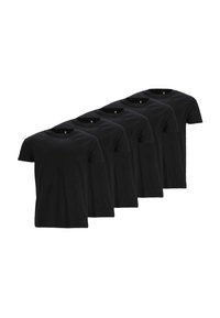 Fünf schwarze Baumwoll-T-Shirts mit kurzen Ärmeln und Rundhalsausschnitten, die ein einfaches, klassisches Design ohne Muster oder Verzierungen zeigen.