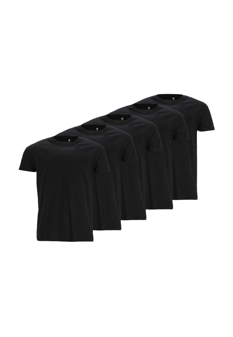 Fünf schwarze Baumwoll-T-Shirts mit kurzen Ärmeln und Rundhalsausschnitten, die ein einfaches, klassisches Design ohne Muster oder Verzierungen zeigen.