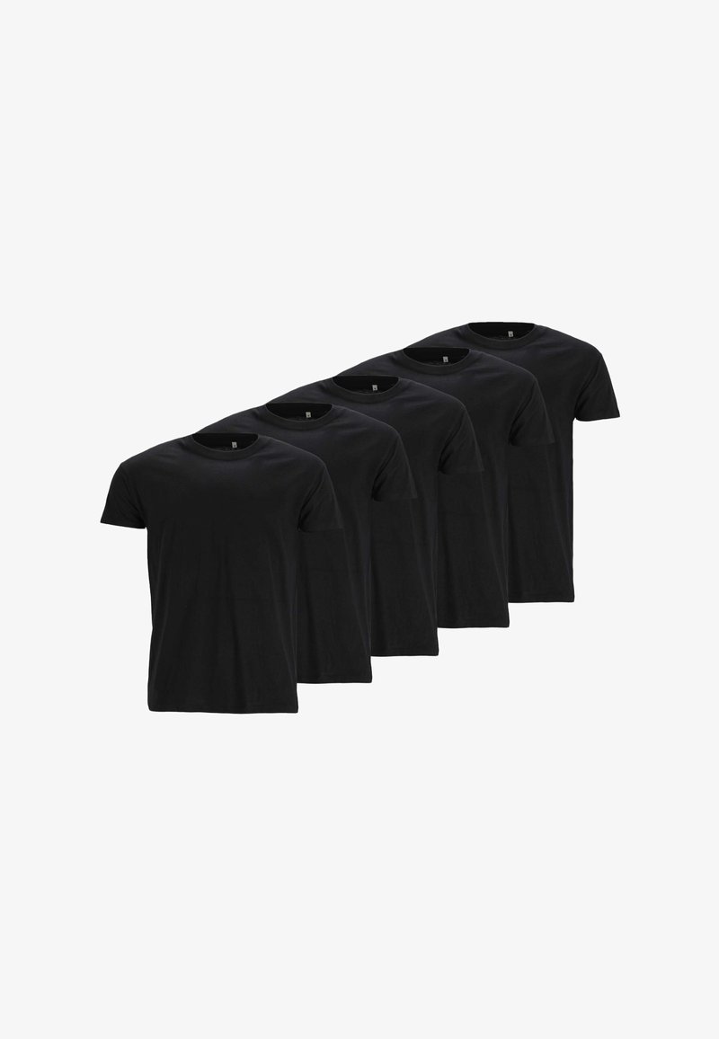 Fünf schwarze Baumwoll-T-Shirts mit kurzen Ärmeln und Rundhalsausschnitten, die ein einfaches, klassisches Design ohne Muster oder Verzierungen zeigen.