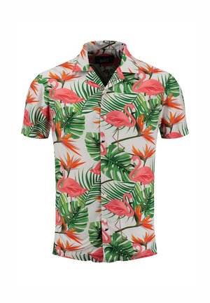 Camicia a maniche corte con bottoni, decorata con fenicotteri rosa e foglie tropicali verdi su uno sfondo bianco.
