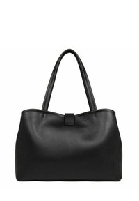 Borsa tote in pelle nera con una finitura liscia e testurizzata. Presenta due manici robusti e un fermo centrale. Forma arrotondata con minimi dettagli.