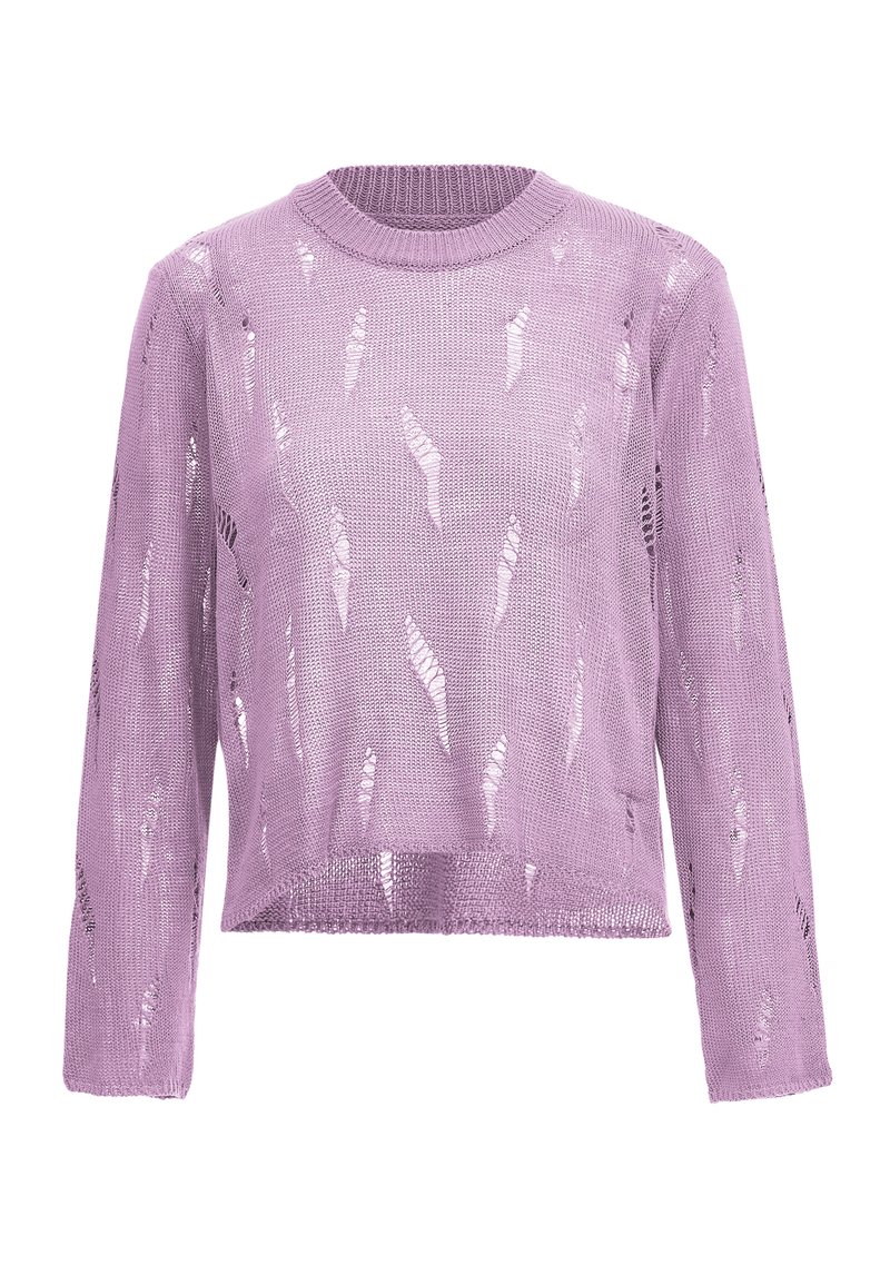 Maglione a maglia lilla con maniche lunghe, caratterizzato da una trama ampia e motivi a taglio sparsi. Collo a giro, lunghezza cropped.