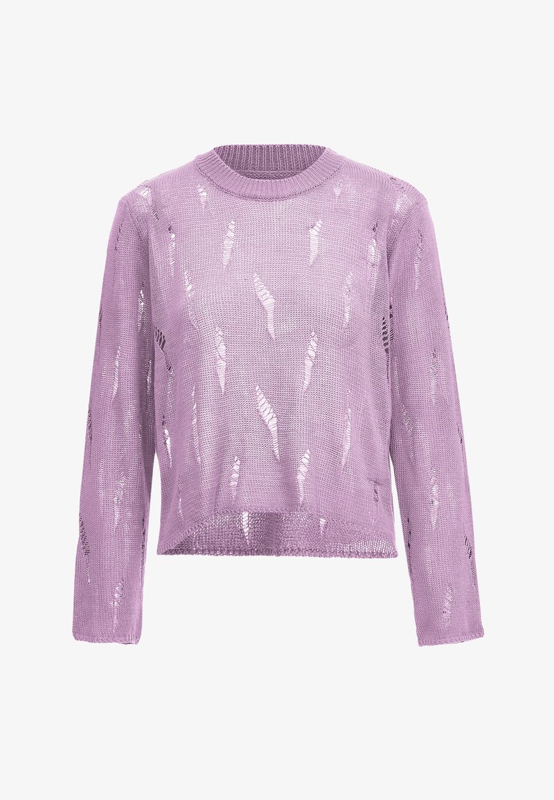 Pull en lilas tricoté avec des manches longues, présentant un tissage lâche et des motifs découpés éparpillés. Encolure ras du cou, longueur cropped.
