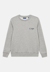 Sweatshirt gris en mélange de coton. Présente un col rond, des manches longues, des poignets côtelés et un imprimé bleu marine "Oregon" sur la poitrine.