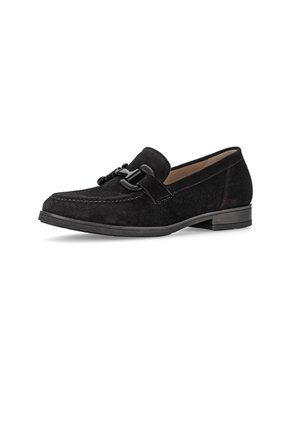 Black suede loafers with a smooth finish, featuring a decorative accent on the strap and a low-profile rubber sole.