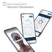 Tre smartphones visar ett gränssnitt för en hudvårdsapp. Skärmarna visar en kalender, en funktion för hudscanning och sessionsdetaljer med färgglada ikoner.