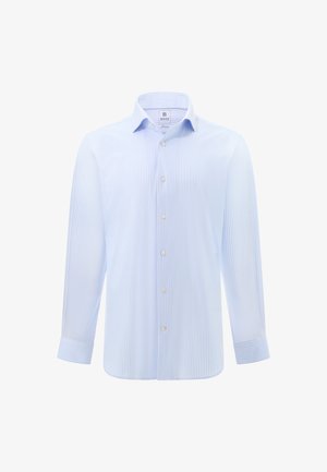 Lichtblauw en wit verticaal gestreepte langhuidshemd met knoopsluiting aan de voorkant en klassieke kraag.