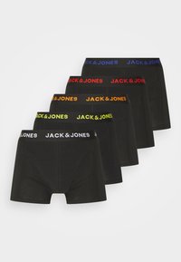 Fünf Paare schwarze Boxershorts mit elastischem Bund in verschiedenen Farben: blau, rot, orange, gelb und grün, mit dem Aufdruck "JACK & JONES".