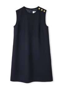 Vestido sin mangas de color azul marino con escote redondo, bolsillos laterales y acentos de botones dorados en el hombro. Tejido suave con un corte estructurado.