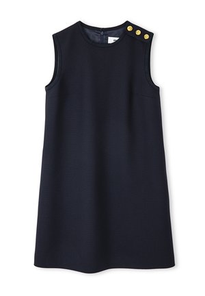 Sleeveless navy dress with a round neckline, side pockets, and gold button accents on the shoulder. Smooth fabric with a structured fit.