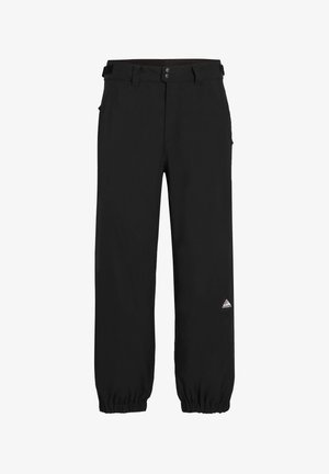 Pantaloni neri in tessuto leggero, con una vestibilità comoda, polsini elasticizzati, passanti per cintura e un piccolo logo colorato sulla coscia.