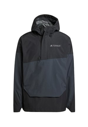 Black and dark gray weather-resistant jacket with a hood, half-zip front, and large front pocket. Features a Terrex logo on the chest.