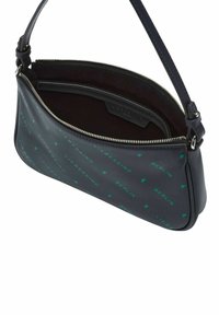 Sac épaule en cuir navy avec fermeture éclair. Caractéristiques du texte imprimé vert "BERLIN" et "LIEBESKIND" dans un motif répétitif. Texture lisse.