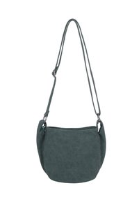 Borsa a tracolla in finta suede verde scuro con forma curva, tracolle regolabili e apertura superiore. Texture liscia con hardware minimo.