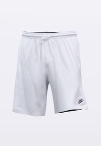 Balti sporta šorti ar elastīgu jostu, auklu un melnu Nike logotipu apakšējā kreisajā priekšpusē. Gluda, viegla auduma.