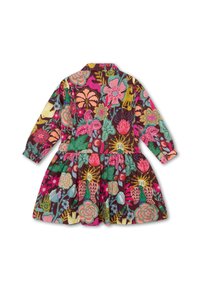 Langramige jurk met een bloemen- en bladerenpatroon in levendige kleuren op een donkere achtergrond. Heeft een kraag en een geplooide rok.