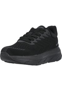 Scarpa sportiva nera con tomaia in mesh traspirante, lacci piatti e suola ammortizzata. Presenta un design testurizzato e punta rinforzata.
