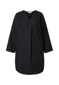 Sort, langærmet kjole med V-hals og plisseret frontdetalje. Fremstillet af glat stof, med en løs pasform og knælængde design.