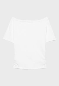 White short-sleeve, off-the-shoulder top with a wide neckline and subtle side ruching at the hem.