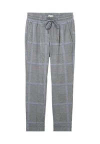 Pantalon à cordon gris et blanc à carreaux avec poches latérales et taille élastique, présenté à plat sur fond blanc.