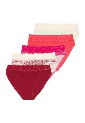 Set of five women's panties in various colors: red, pink, coral, cream. Features lace trim and diverse patterns, including zebra print and polka dots.