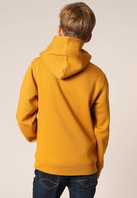 Gele hoodie met een grote capuchon, geribbelde manchetten en zoom. Zachte stof met een gladde textuur, gezien van achteren.