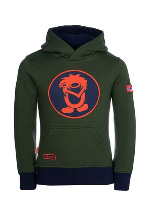 Green hoodie with a large circular orange graphic. Features a front pocket, navy ribbed cuffs, and a small Norwegian flag on the sleeve.