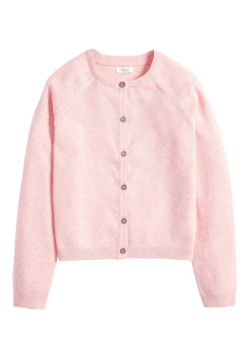 Cardigan rose clair à manches longues avec six boutons, col rond, poignets et ourlet côtelés, en tissu tricoté doux.