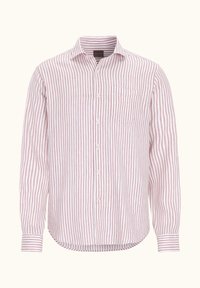 Camicetta a righe con righe verticali rosa e bianche, placket con bottoni sulla parte anteriore e una singola tasca sul petto. Maniche lunghe con dettagli sui polsini.