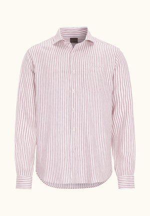 Camicetta a righe con righe verticali rosa e bianche, placket con bottoni sulla parte anteriore e una singola tasca sul petto. Maniche lunghe con dettagli sui polsini.