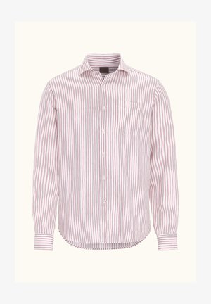 Koszula w paski z pionowymi różowymi i białymi paskami, zapinana na guziki z jedną kieszenią na piersi. Długie rękawy z detalami mankietów.