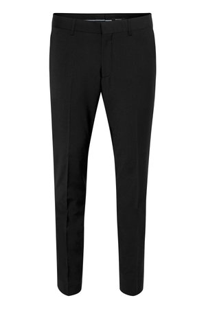Pantalons noirs au design épuré, avec un devant plat et des jambes droites. Fabriqués en tissu lisse sans motifs ni logos visibles.