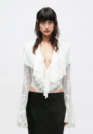 LONG SLEEVE DEEP V RUFFLE BODYSUIT - Hosszú ujjú felső - snow white