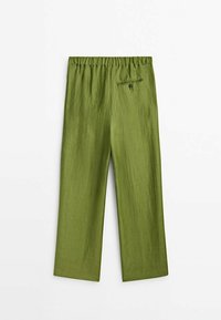 Olive green wide-leg pants with elastic waistband and single back pocket with button closure, displayed flat on white background.