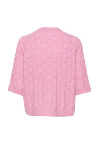 Roze pleteni pulover s opuštenim krojem, kratkim rukavima i teksturiranim uzorkom pletenice. Ima širok izrez i mekanu tkaninu.