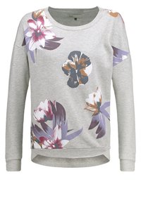 Sweat-shirt gris clair avec un motif floral dans des tons de violet, rose et marron. Encolure ronde, manches longues et ourlet arrondi.