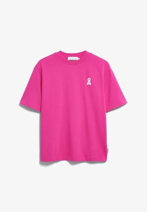 Felroze T-shirt met korte mouwen en ronde hals, met een klein wit logo in de vorm van een sleutelgat op de linkerborst.