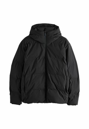 Sort polstret jakke med hætte, med fuld frontlynlås og quiltet design for isolering. Blød, glat stofstruktur.