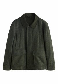 Dark green wool blend jacket with a herringbone pattern, featuring a buttoned collar, four pockets, and a relaxed fit design.