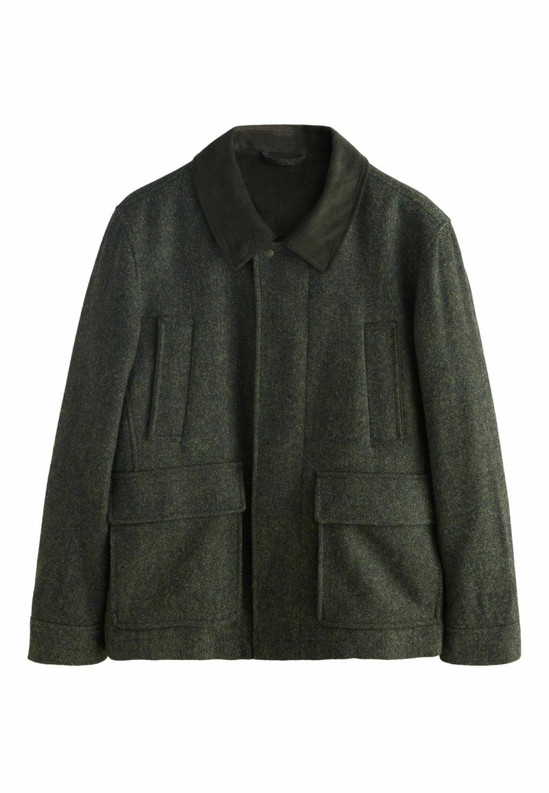Dark green wool blend jacket with a herringbone pattern, featuring a buttoned collar, four pockets, and a relaxed fit design.