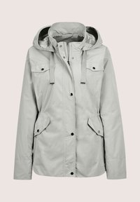 Hellgraue, wasserdichte Jacke mit abnehmbarem Kapuzen, zwei Fronttaschen, Druckknopf- und Reißverschluss, sowie verstellbarem Kordelzug am Kragen.