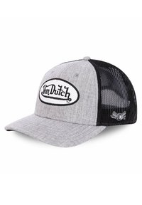 Casquette grise avec côtés en maille noire, présentant un bord arrondi. L'avant arbore un logo brodé blanc avec un contour noir. Motif texturé subtil.