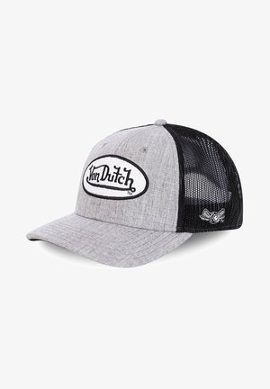 Casquette grise avec côtés en maille noire, présentant un bord arrondi. L'avant arbore un logo brodé blanc avec un contour noir. Motif texturé subtil.