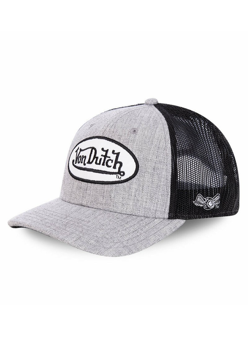 Casquette grise avec côtés en maille noire, présentant un bord arrondi. L'avant arbore un logo brodé blanc avec un contour noir. Motif texturé subtil.