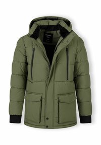 Oliven grøn pufferjakke med hætte, lynlåslommer på brystet, elastiske manchetter og to store frontlommer, der har et struktureret stof.
