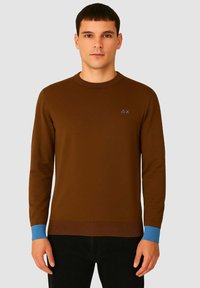 Maglione marrone lavorato a maglia con scollatura rotonda, dotato di polsini e orlo a coste di colore azzurro chiaro. Include un piccolo logo sul petto.