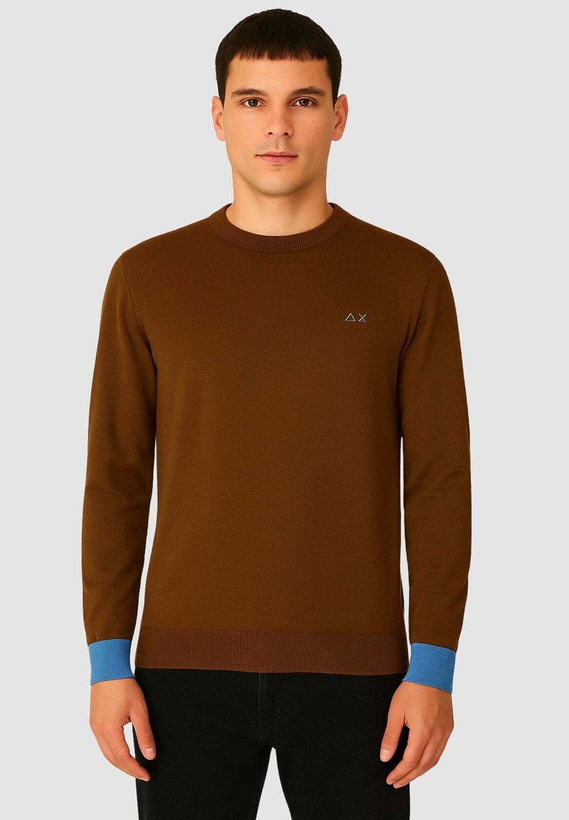Maglione marrone lavorato a maglia con scollatura rotonda, dotato di polsini e orlo a coste di colore azzurro chiaro. Include un piccolo logo sul petto.