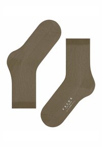 Pair of olive green wool socks with ribbed cuffs, one showing brand text "FALKE COSY WOOL" and size information on sole.